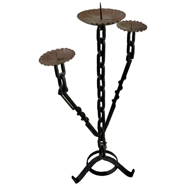 Vintage Brutalist Wrought Iron Tripod Chain Candleholder