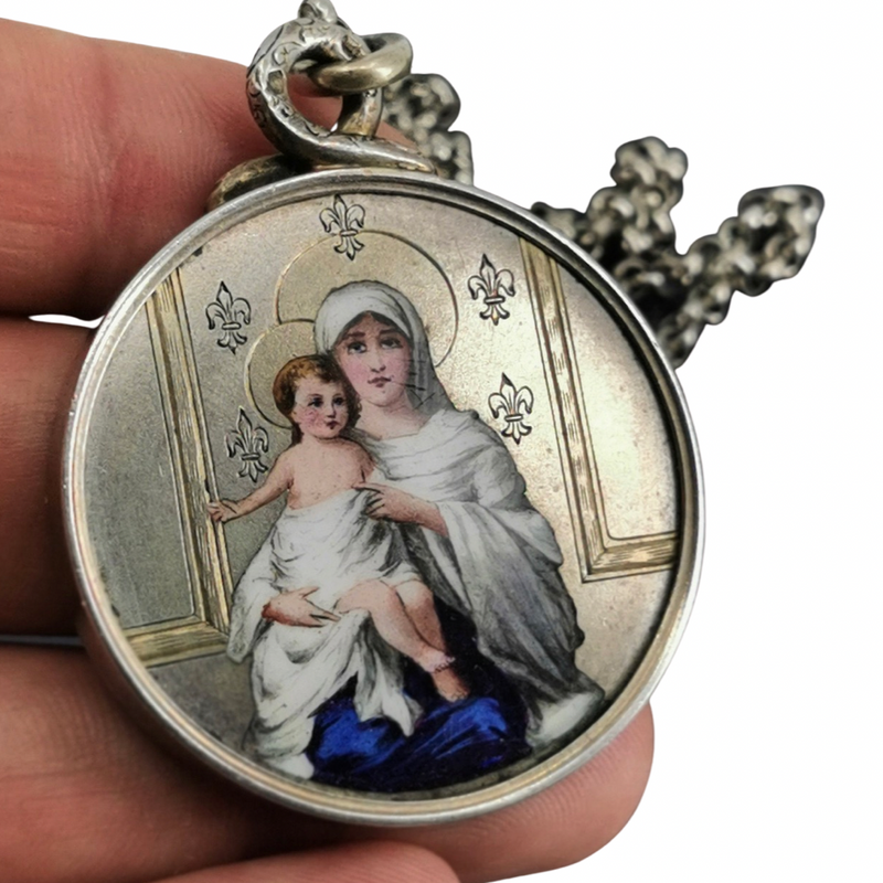Antique Virgin Mary Enamel Necklace