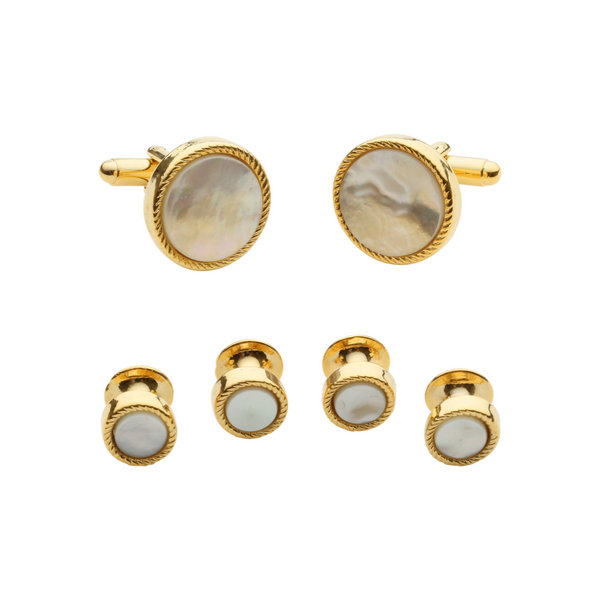 Gold plated Ribbed Rim Mother of Pearl Dress Stud Set