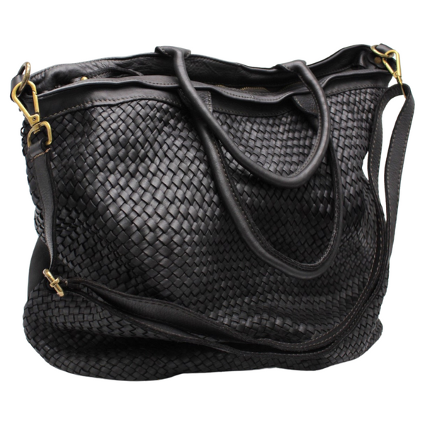Soft Woven Leather Shoulder Bag - Black