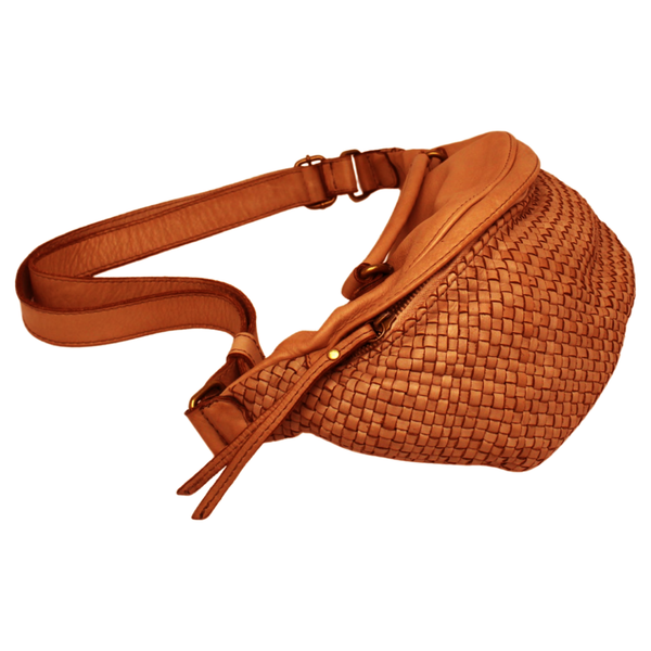 Soft Woven Leather Sling Pouch - Cognac