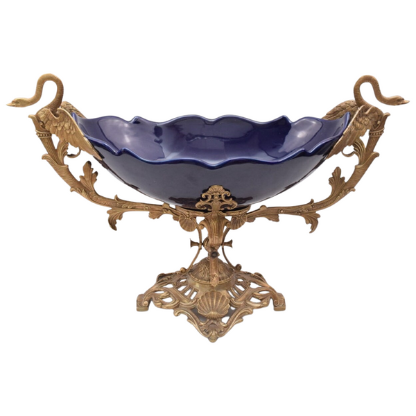 Vintage Blue Porcelain Bowl with Bronze Ornaments
