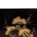 Vintage Japanese Black Lacquer Gold Maki-e Jubako Set of Two with Kiri Wood Storage Boxes