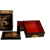 Vintage Japanese Black Lacquer Gold Maki-e Jubako Set of Two with Kiri Wood Storage Boxes