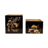 Vintage Japanese Black Lacquer Gold Maki-e Jubako Set of Two with Kiri Wood Storage Boxes