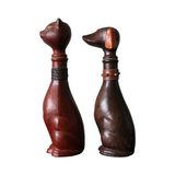 Vintage Empoli Leather Wrapped Dog & Cat Decanter Set