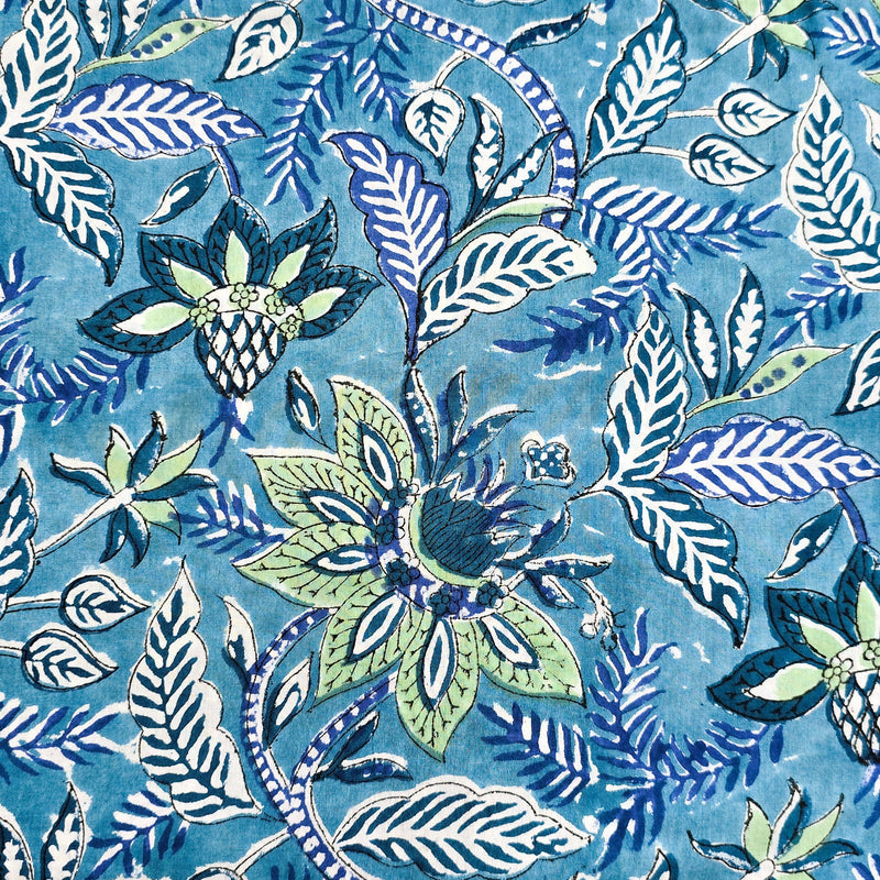 Teal Blue With Blue And Green Flower Hand Block Print
