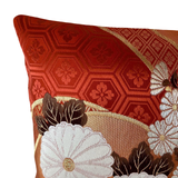 Red Reversible Golden Silk Obi Cushion - Flowers
