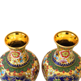 Vintage Pair Of Chinese Gilt Floral Cloisonné Vases With Peonies