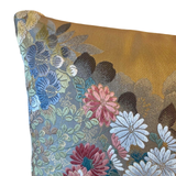 Reversible Golden Silk Obi Cushion - Flowers II