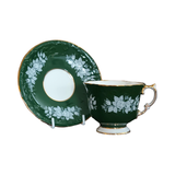 Vintage Aynsley English Fine Bone China Silver rose pattern forest green and gold teacup & saucer