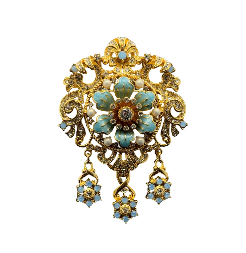 Vintage Art Deco Pearl Rhinestone Enamel Brooch