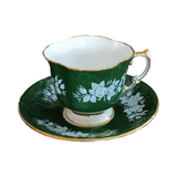 Vintage Aynsley English Fine Bone China Silver rose pattern forest green and gold teacup & saucer