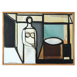 1957 Modern Geometric Abstract Portrait Oil Painting - "Figure in Constructed Room"