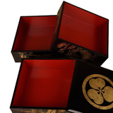 Vintage Japanese Black Lacquer Gold Maki-e Jubako Set of Two with Kiri Wood Storage Boxes