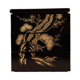 Vintage Japanese Black Lacquer Gold Maki-e Jubako Set of Two with Kiri Wood Storage Boxes