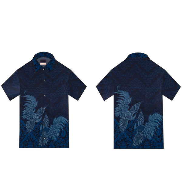 Hand Printed Silk Screen Floral & Cendrawasih Bird Indonesian Cotton Batik - Navy
