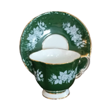 Vintage Aynsley English Fine Bone China Silver rose pattern forest green and gold teacup & saucer