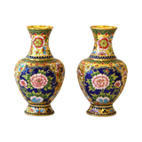 Vintage Pair Of Chinese Gilt Floral Cloisonné Vases With Peonies