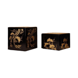Vintage Japanese Black Lacquer Gold Maki-e Jubako Set of Two with Kiri Wood Storage Boxes