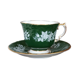 Vintage Aynsley English Fine Bone China Silver rose pattern forest green and gold teacup & saucer