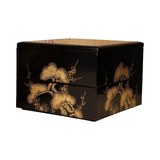Vintage Japanese Black Lacquer Gold Maki-e Jubako Set of Two with Kiri Wood Storage Boxes