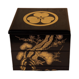 Vintage Japanese Black Lacquer Gold Maki-e Jubako Set of Two with Kiri Wood Storage Boxes