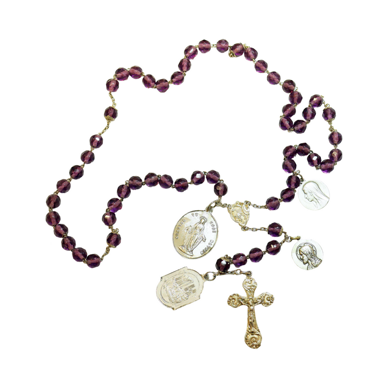 Vintage French Amethyst Rosary with Sterling Silver Medals & Art Nouveau Cross