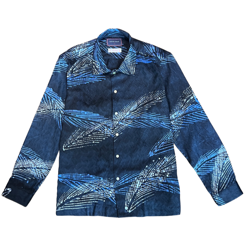 African Batik Print Johnny Collar Long Sleeve Shirt - Navy