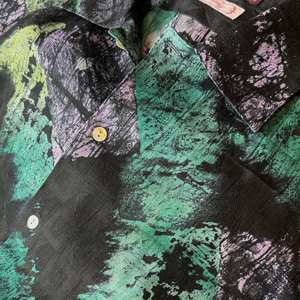 African Batik Print Johnny Collar Long Sleeve Shirt - Black / Green