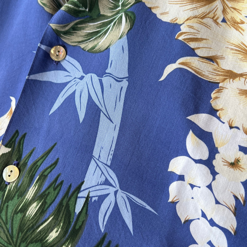 Rayon Floral Hawaiian Long Sleeve Shirt - Cobalt blue