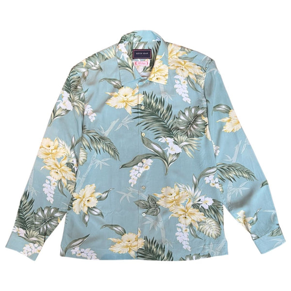 Printed Rayon Floral Hawaiian Long Sleeve Shirt - Sage