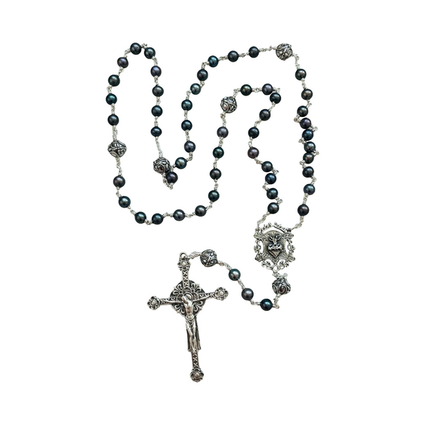 Freshwater Blue Green Pearl and Sterling Silver Rosary Necklace