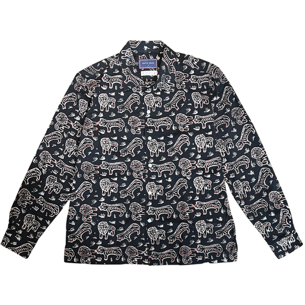 "TIGER & LION" Block Print Long Sleeve Shirt - BLACK