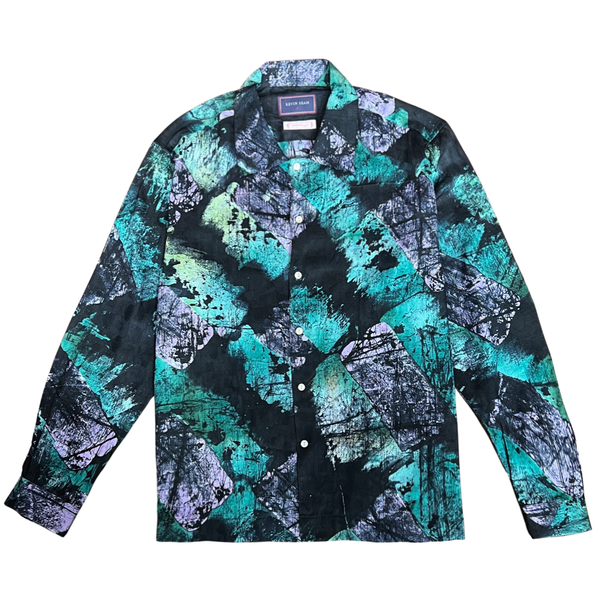 African Batik Print Johnny Collar Long Sleeve Shirt - Black / Green