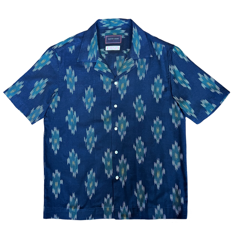 Hand Loomed Ikat Short Sleeve Shirt - BLUE