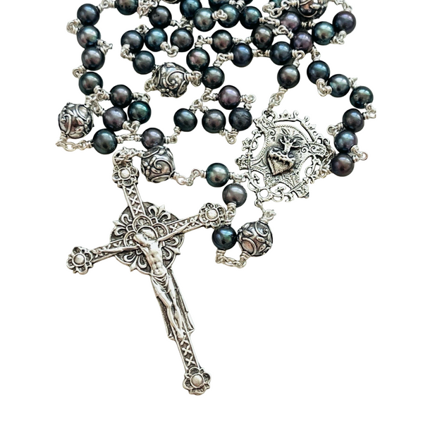 Freshwater Blue Green Pearl and Sterling Silver Rosary Necklace