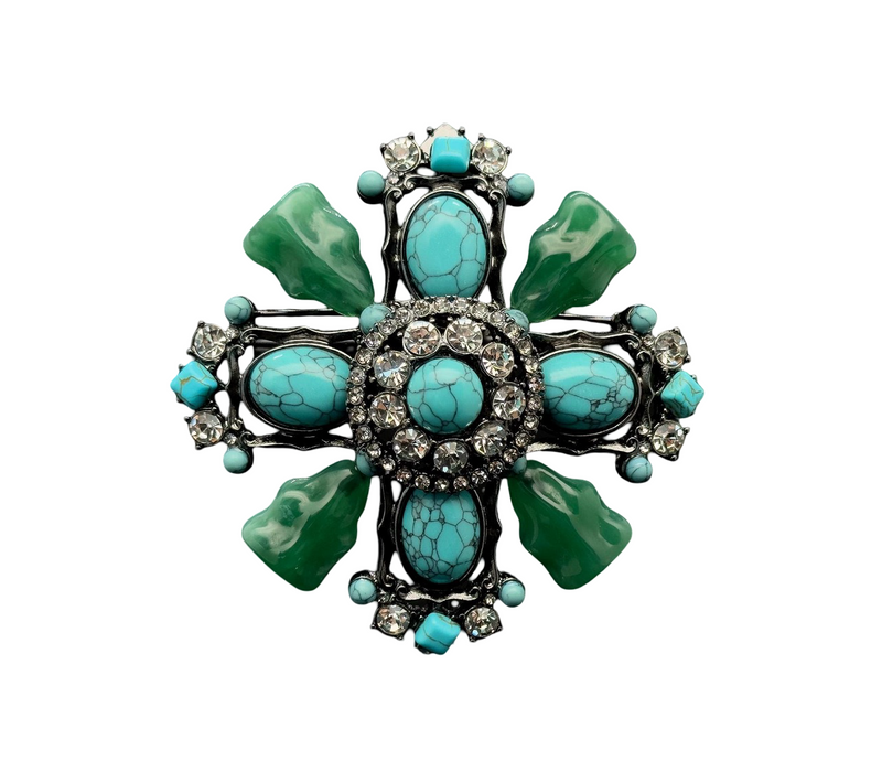 Vintage Turquoise & Rhinestone Art Deco Cross Brooch