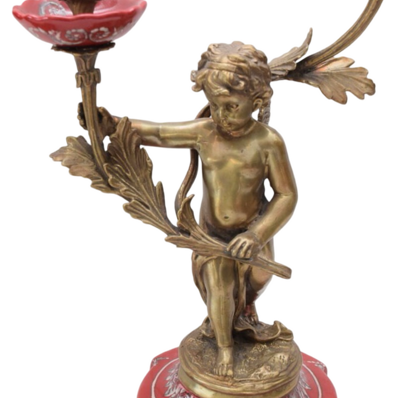 Vintage 1980's Pair Set Of Porcelain with Bronze Angel Candlestick