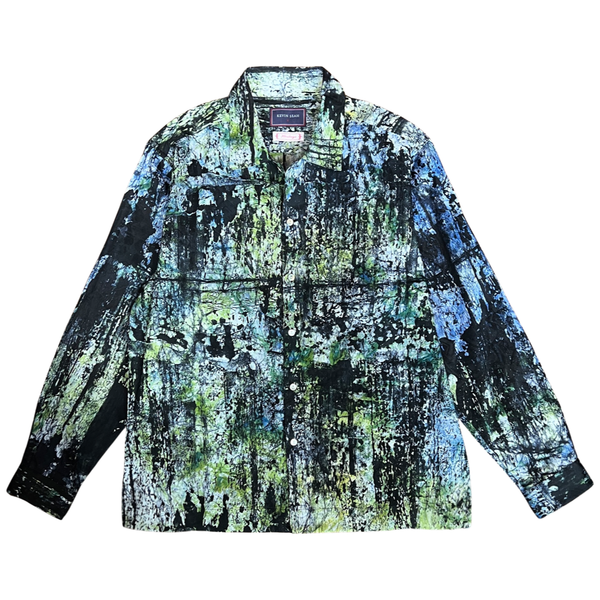 African Batik Print Johnny Collar Long Sleeve Shirt - Black / Multi