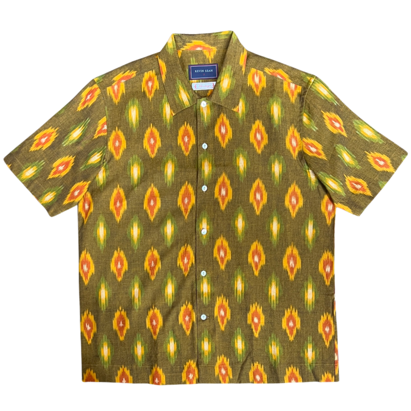 Hand Loomed Ikat Short Sleeve Shirt - BROWN / YELLOW