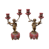 Vintage 1980's Pair Set Of Porcelain with Bronze Angel Candlestick