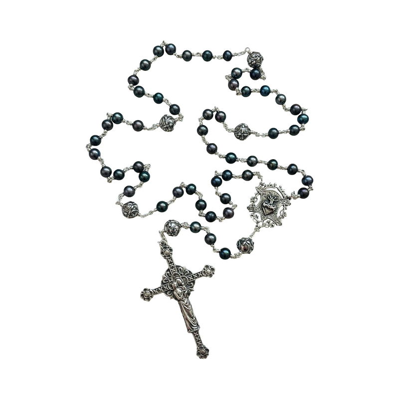 Freshwater Blue Green Pearl and Sterling Silver Rosary Necklace