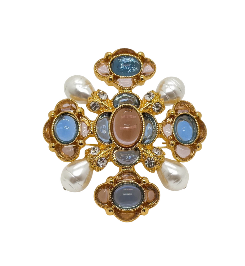 Vintage Gold Plated Baroque Lapis Lazuli & Pearl Brooch