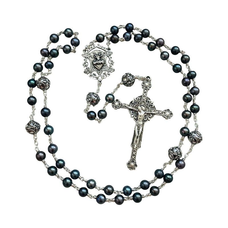 Freshwater Blue Green Pearl and Sterling Silver Rosary Necklace