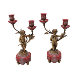 Vintage 1980's Pair Set Of Porcelain with Bronze Angel Candlestick