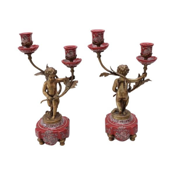 Vintage 1980's Pair Set Of Porcelain with Bronze Angel Candlestick