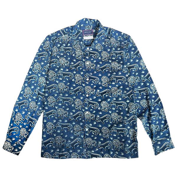 "TIGER & LION" Block Print Long Sleeve Shirt - BLUE