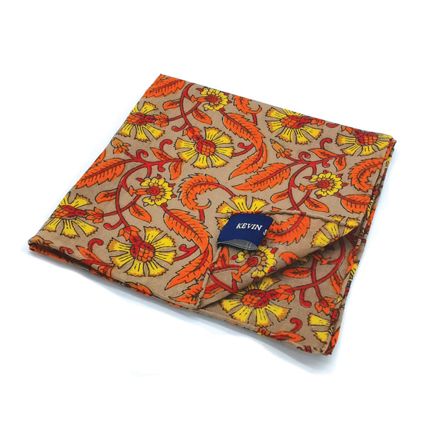 Kevin Seah Hand Block Print Pocket Square - Grey / Orange / Yellow