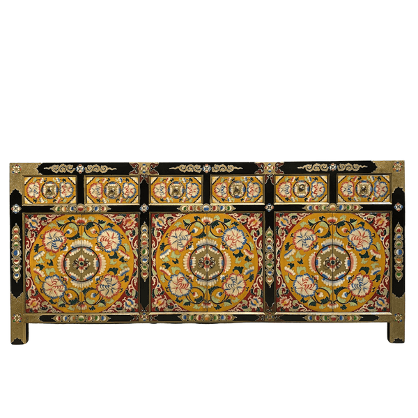 Long sideboard hand-painted in Tibetan-style